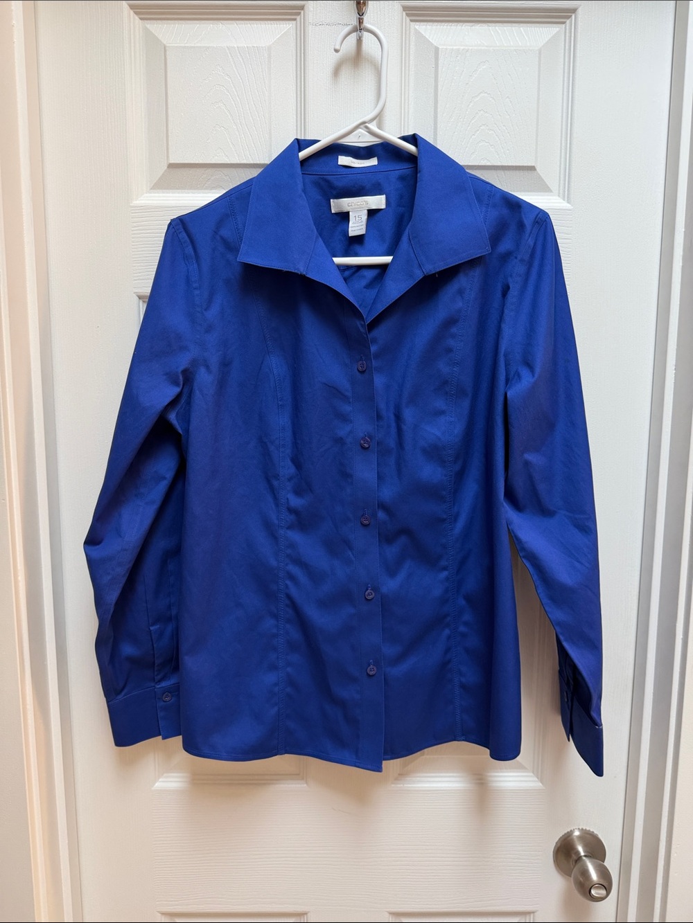 Chico’s No-Iron 100% Cotton Fitted Button-Front Shirt in Royal Blue 1.5 M